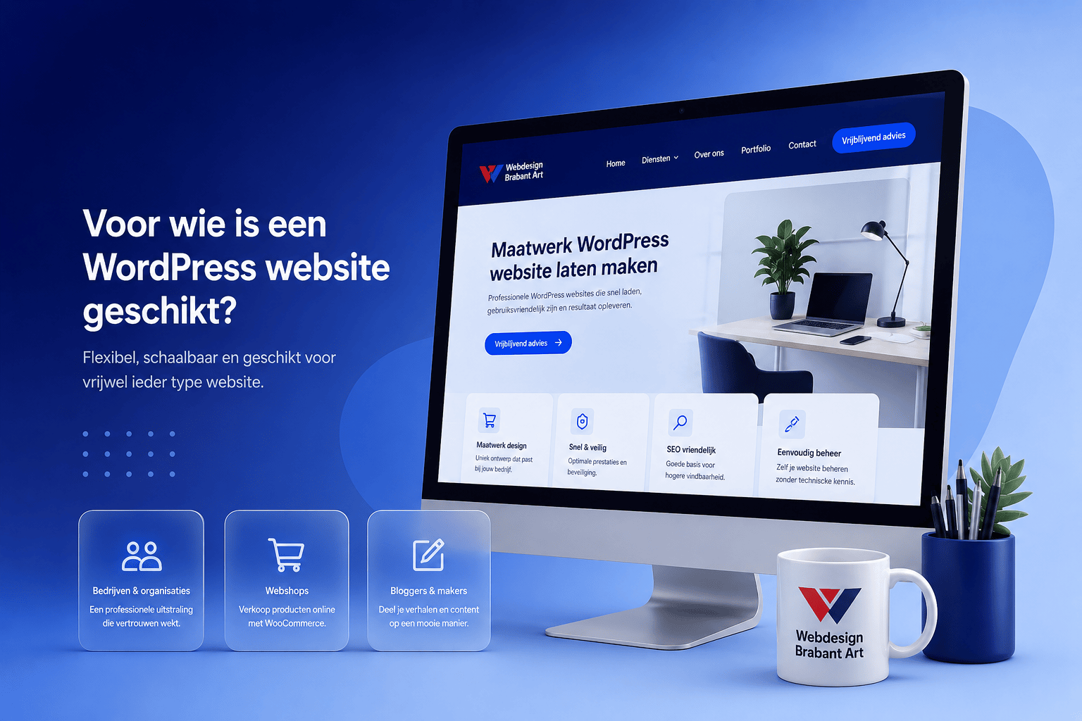 Computer op bureau met voorbeeld van een website voor zzp en kleine bedrijven