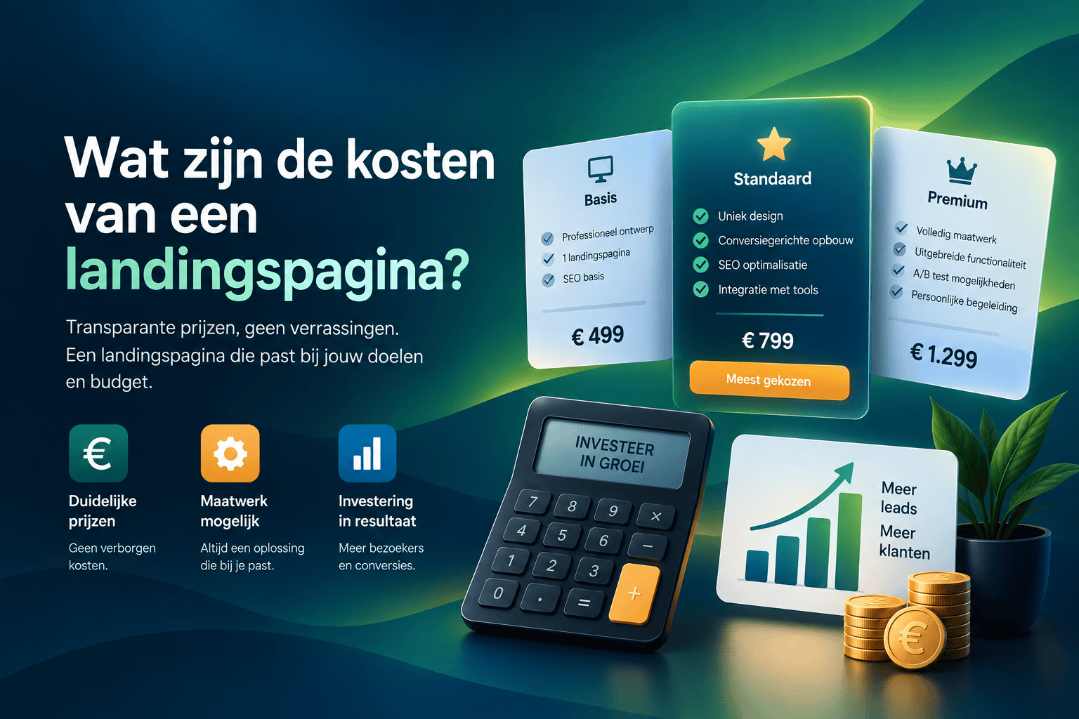 Kosten van een landingspagina met verschillende opties en investering in resultaat