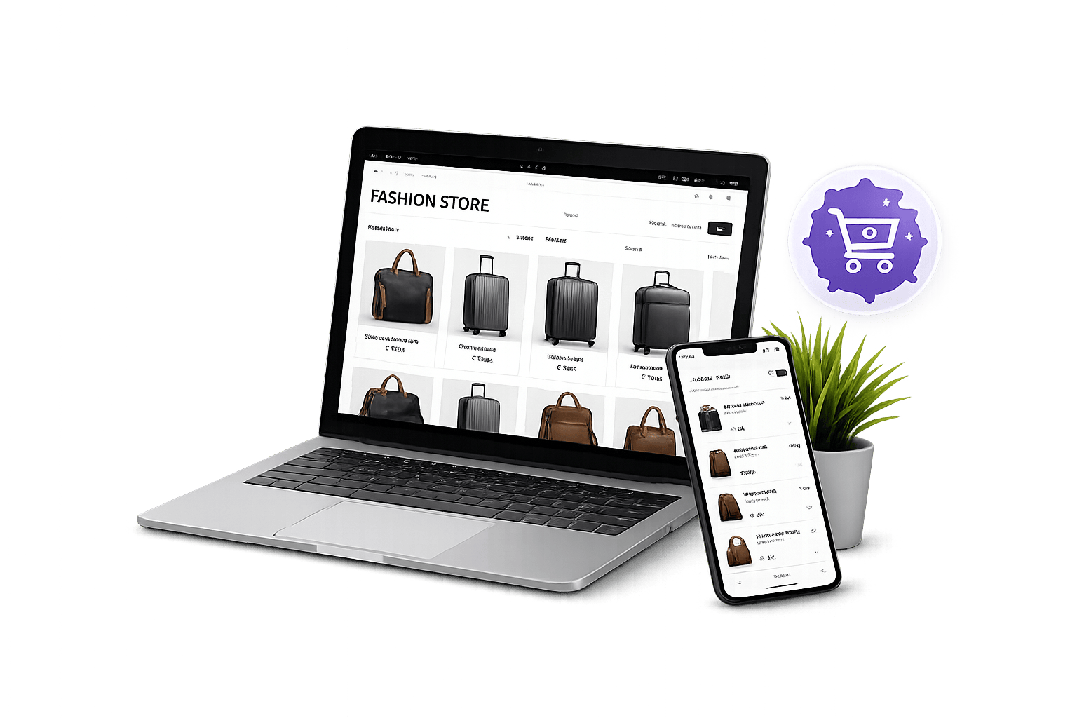 Professionele webshop met laptop, mobiele winkelwagen en webshop overzicht