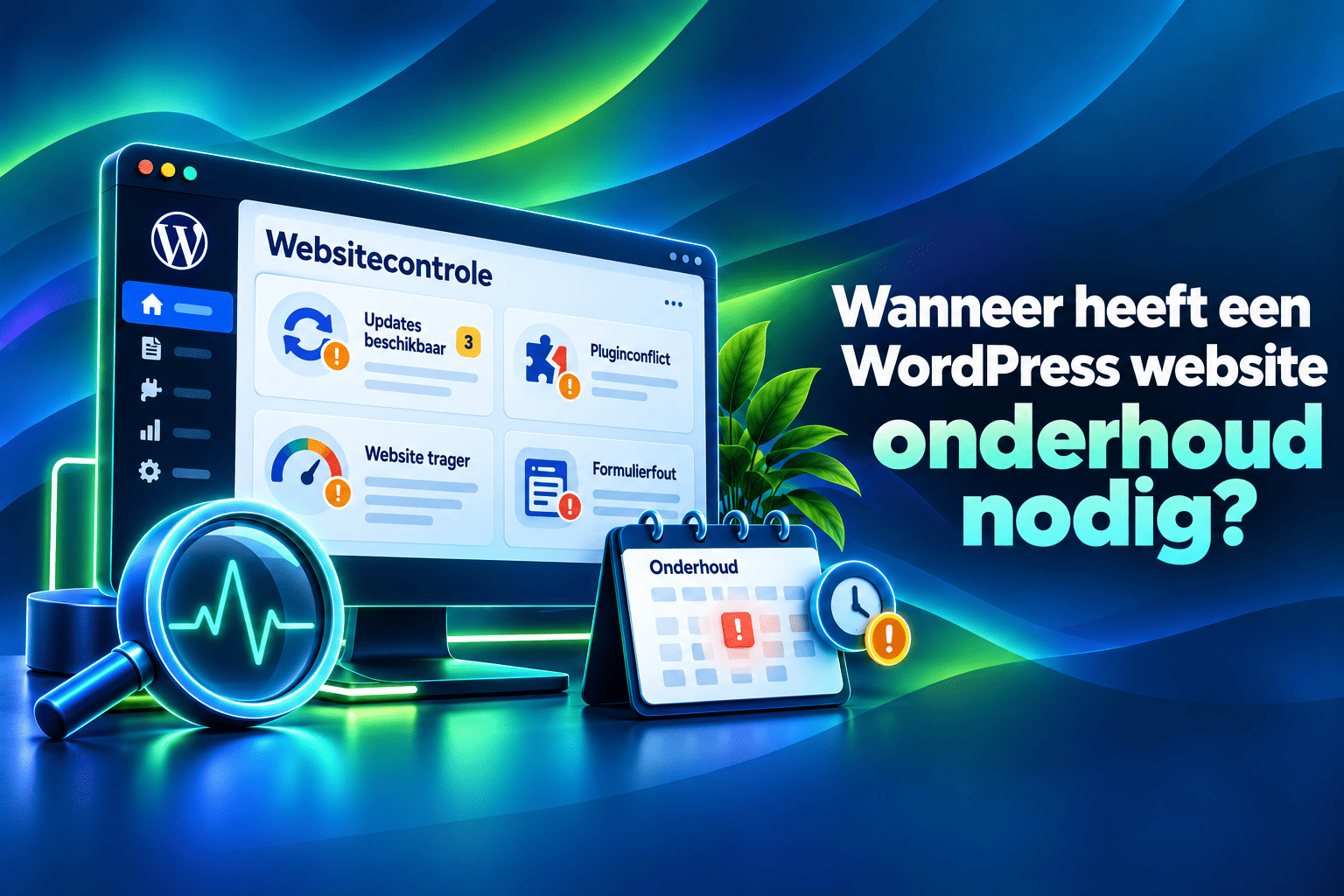 WordPress websitecontrole met beschikbare updates, pluginconflict, snelheidsproblemen en formulierfout
