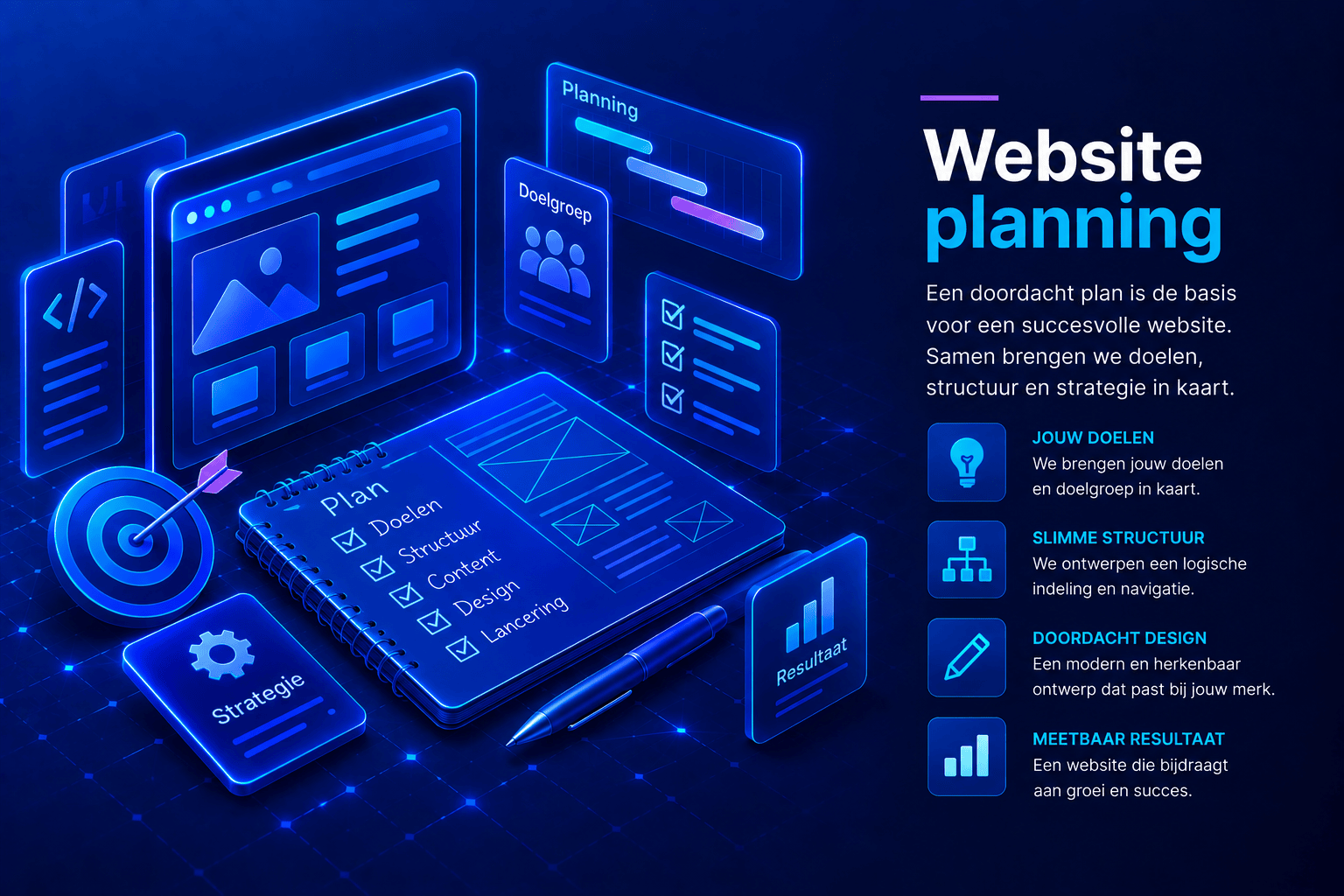 Website planning met aandacht voor doelen, doelgroep, paginastructuur en functionaliteiten