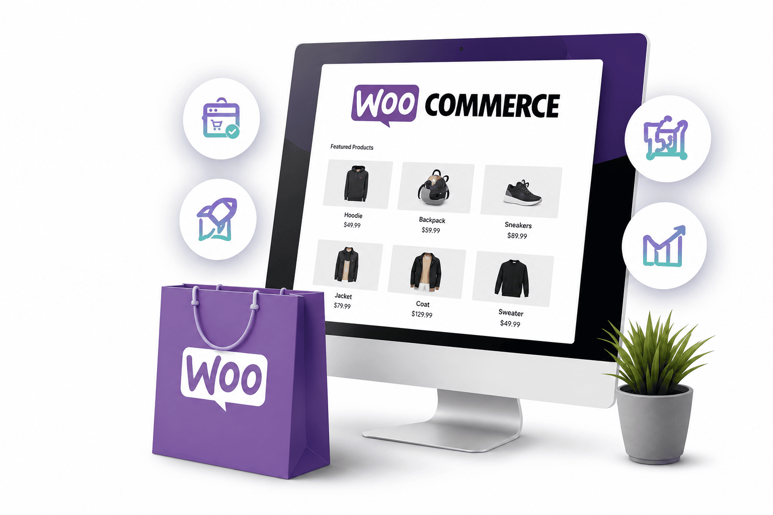 WooCommerce webshop op desktop scherm met webshop iconen